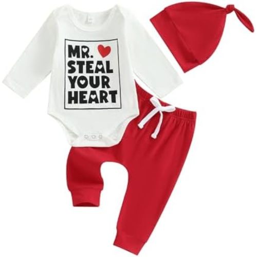 Baby Boy Spring Clothes Letter Heart Print Long Sleeve Romper Plaid Pants and Hat 3Pcs Outfit