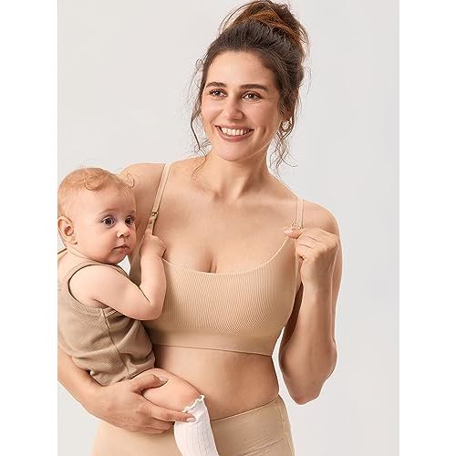 MOMANDA Ribbed Nursing Bras for Breastfeeding Soft Lift Maternity Sleep Bra Wireless Seamless Comfy Bralettes