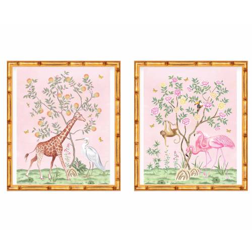 Two Art Prints Chinoiserie Peony and Orange Tree with Flamingoes, Giraffes,Stork and Monkeys // Nursery Decor //  Preppy // Grand Millennial