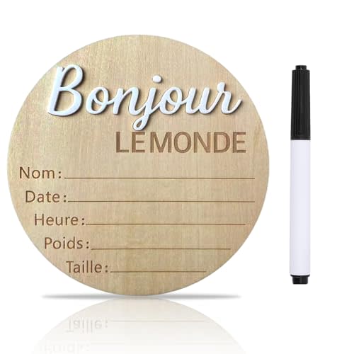 Baby Announcement Sign, ​5.9 Inch Wooden Hello World Newborn Signs, "Bonjour Le Monde" Decoration, Birth Announcement Sign, Welcome Newborn Arrival to World, Hospital Nursery for baby