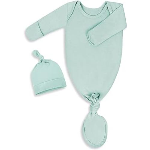 Newborn Knotted Baby Gown 0-6 Months, Super Soft Breathable Nightgowns for Babies Girl and Boy, Baby Girls Coming Home Hospital Outfit with Hat Set Mint Green