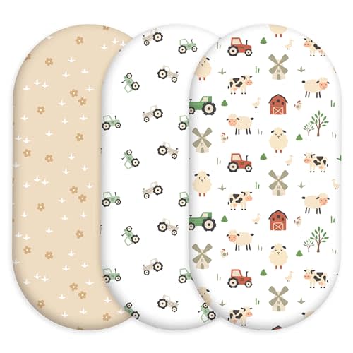 Baby Bassinet Sheets, 3 Pack for Baby Boy and Girl, Soft Breathable 32" x 16", Bassinet Fitted Sheets for Rectangle Round Oval Hourglass Mattress (Farm Animals)