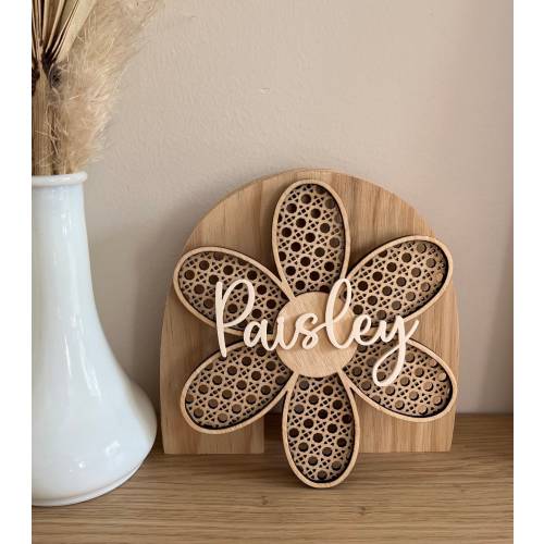 Baby name sign rattan daisy room decor baby girl name sign newborn photos hospital photos baby shower gift boho room decor boho daisy sign