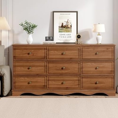 Chrangmay 9 Drawer Dresser,63" Wide Mid Century Chest of Drawers,Wooden Bedroom Drawer Dresser with 9 Storage Drawers for Bedroom,Living Room,with Anti-Tipping Device,Umber.