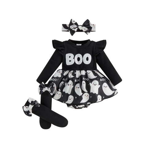 Loicainy Newborn Infant Girl Halloween Romper Dress 3 6 9 12 Month Long Sleeve Ghost Print Romper + Headband + Socks Set Clothes