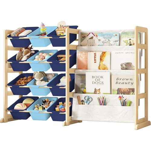 Toy Storage Organizer with Bookshelf - 12 Storage Bins 4-Tier Multipurpose Shelf to Organize Toys and Books for Kids Room, Playroom, Nursery Room, Blue