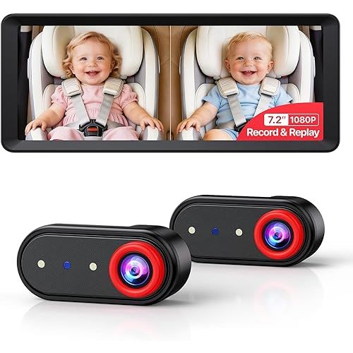 Luckview BM5 MAX 1080P HD Dual Baby Car Camera with Recording, 7.2” Split Screen Monitor for 2 Kids, Dual Car Baby Monitor Car with Auto Night Vision, Easy Installation Backseat Camera for Baby