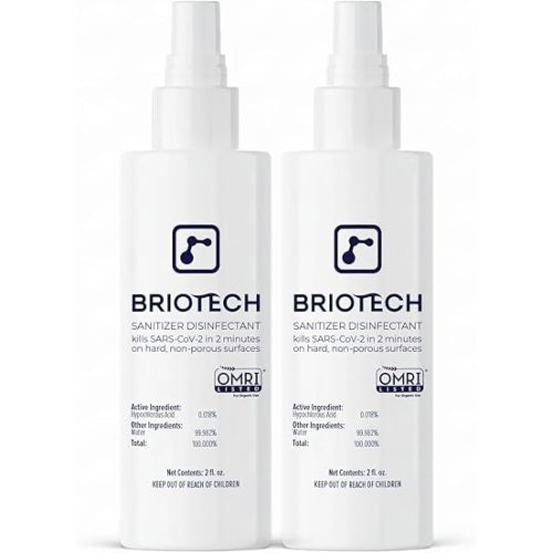 BRIOTECH Sanitizer Disinfectant Hypochlorous Spray, Kill 99.99% of Viruses & Bacteria, Control Mold, Eliminate Odor, Gentle for Nurseries, Food Contact Surface Sanitizer, 2 fl oz Travel Size (2 Pack)