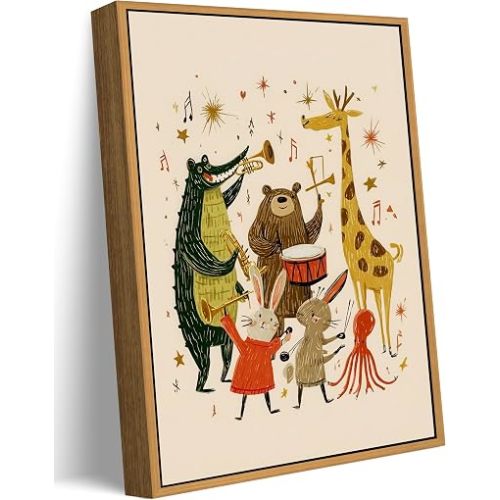 Floating Framed Funny Animal Band Nursery Canvas Wall Art, Whimsical Jungle Animal Painting Picture Wall Decor, Cute Kids Music Poster Prints Artwork for Baby Room Playroom Home Decoration 12x16in