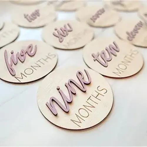 Baby Monthly Milestone Markers Disc, Wooden 3D Milestone Cards for Photos, Baby Announcement Sign, 1-12 Months, wooden baby milestone sign (Blush)