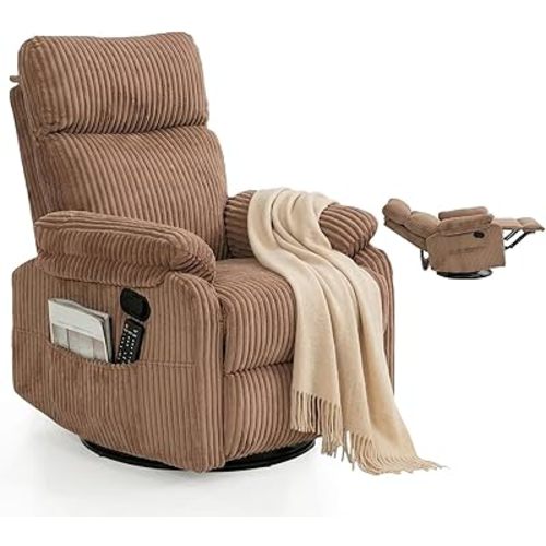 Super Soft Brown Rocking Chair Nursery Recliners, Small Recliner Rocking Chair for Small Spaces, Manual Swivel Glider Recliner for Living Room Bedroom Office, Corduroy, Adjustable Backrest (Brown)