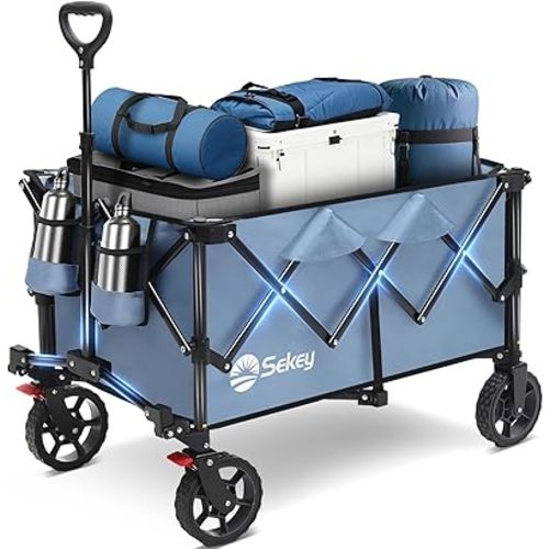Sekey Collapsible Foldable Wagon with 330lbs Weight Capacity, Heavy Duty Folding Wagon Cart with Big All-Terrain Wheels & Drink Holders. Blue