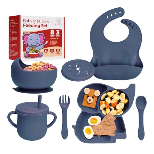 Complete Silicone Baby Feeding Set - 6+ Months Food Grade Baby Feeding Essentials | Silicone Bibs, Baby Bowls and Plates, 3 in 1 Baby Sippy Cup, Spoons and Fork Set | Free of BPA/PVC/Lead/Phthalate