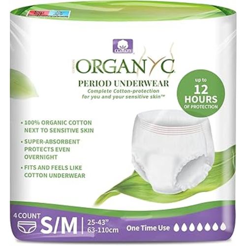 Organyc - Certified Organic Cotton Disposable Period Underwear for Sensitive Skin, Super Absorbent for Women, All-Day or Overnight, S/M, 4 Count