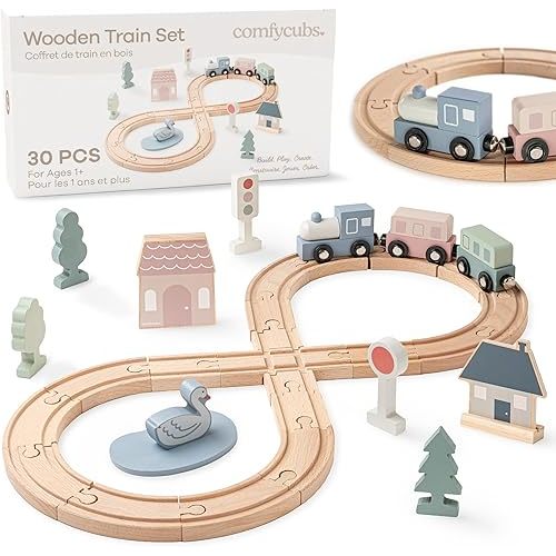 Comfy Cubs 30-Piece Wooden Train Set for Toddlers Ages 1+, Fun & Eco Friendly Toddler Train Set with Wooden Toy Tracks - Creative Toy Town Promoting Imaginative Play with Flexible Configuration