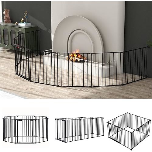 200" Wide Baby Gate, Safety Playpen Fireplace Fence Guard, Adjustable 8-Panel Metal Play Yard for Toddler/Kids/Pet/Dog, Christmas Tree Fence, Includes Wall Mounts