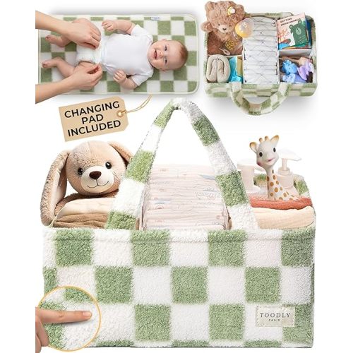 Checkered Diaper Caddy Organizer with Portable Changing Mat - Teddy Fleece Diaper Organizer for Changing Table - Caddy Organizer with Removable Dividers - Green and White