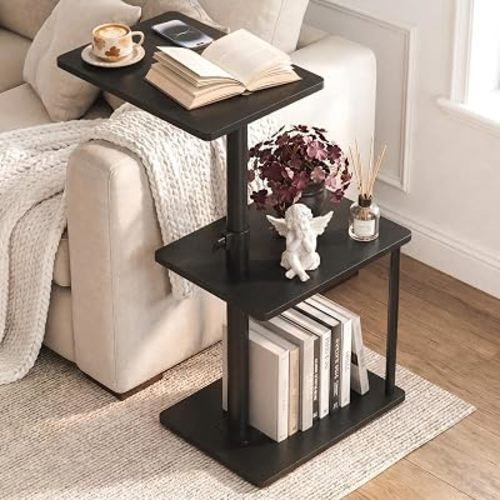 Faesun Swivel Side Table for Couch Arm, Adjustable C End Table for Recliner or Bed, Tv Trays with Storage Shelf for Small Spaces Small Nightstand Table for Living Room, Bedroom