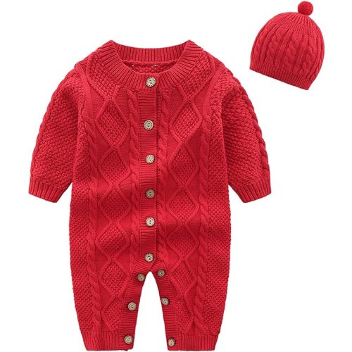 Baby Newborn Boy Knitted Sweater Romper Cotton Longsleeve Outfit with Kids Winter Warm Hats Set
