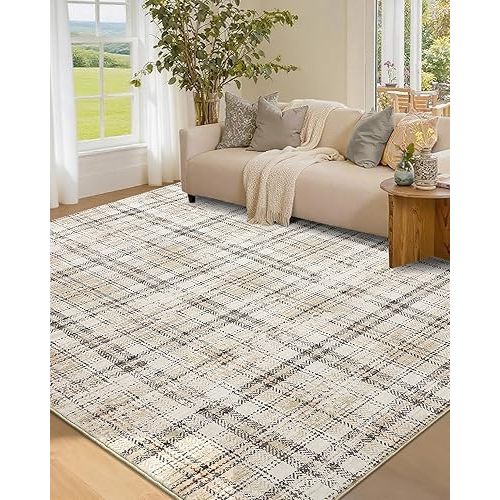 Washable 5x7 Soft Plaid Traditional Tartan Area Rug - Non Shedding, Non Slip, Stain Resistant, for Living Room, Bedroom, Nursery, Office - Beige