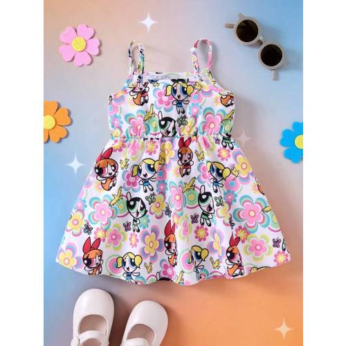 THE POWERPUFF GIRLS X SHEIN Baby Girl Colorful Floral & Butterfly Cartoon Print Slip Dress , Summer | SHEIN USA
