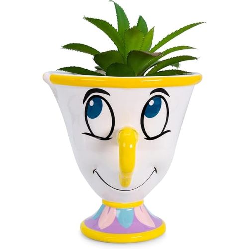 Silver Buffalo Disney Beauty and The Beast Chip 3-Inch Ceramic Mini Planter with Artificial Succulent | Small Flower Pot, Faux Indoor Plants for Desk Shelf, Home Decor Trinket Tray and Collectibles
