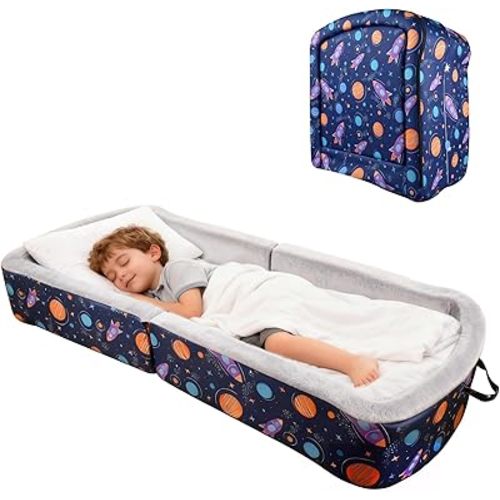 Portable Toddler Travel Bed Foldable Toddler Bed with Washable Cover Toddler Floor Beds for Home,Travel & Camping, Soft Foam Kids Cots for Sleeping, for Kids Aged 18M+, No Assembly, Blue