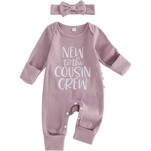 Newborn Baby Girl Fall Outfit Romper Jumpsuit Infant Waffle Clothes | Letter Embroidery Cute Long Sleeve Round Neck Bodysuit