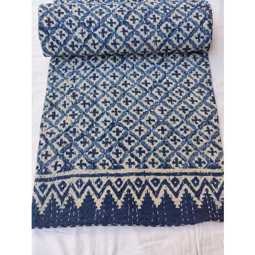 Indigo Blue Kantha Quilt Bedspread Hand Block Dabu Print Kantha Traditional Bedcover