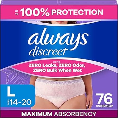 Always Discreet Adult Diapers for Women, Incontinence Underwear, Postpartum Essentials, Disposable Briefs, Max Absorbency, Bladder Leak Protection, Large, 76ct