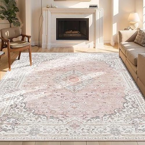 Brakki Pink Rug 6x9 for Bedroom, Washable Area Rug for Living Room Dining Room Entryway, Non Slip Vintage Boho Rug for Kitchen Bathroom, Soft Low Pile Stain Resistant Floor Carpet Indoor