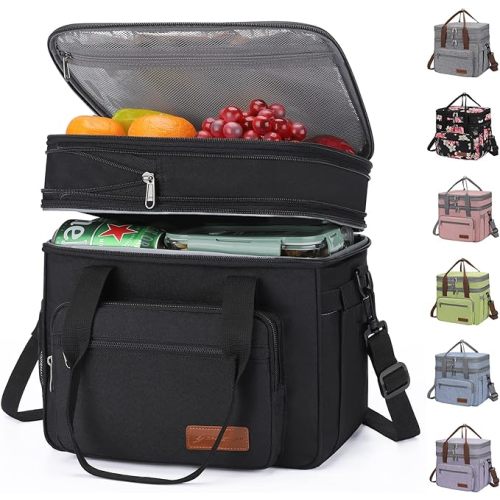 Maelstrom Lunch Box, 23L Insulated Lunch Bag, Expandable Double Deck Cooler Bag, Lightweight Leakproof Tote Bag With Side Tissue Pocket, Suit For Men and Women (A. Black)