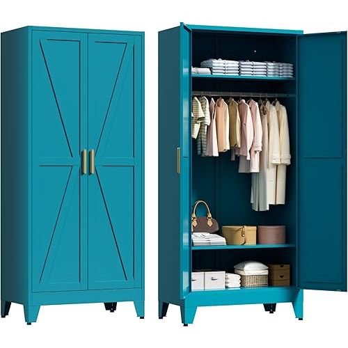 71" Tall Metal Wardrobe Closet with Adjustable Shelves and Hanging Rod, 2 Doors Free Standing Armoire Wardrobe Cabinet for Bedroom, Office, Laundry Room, Blue