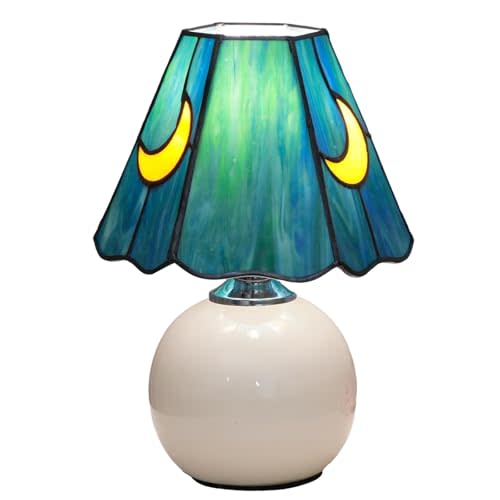 Tiffany Style Bedside Table Lamp Stained Glass Moon Mushroom Lamp for Bedroom Small Nightstand Lamps for Home Decor Living Room Bedroom Study Nursery Dorm,Sea Blue