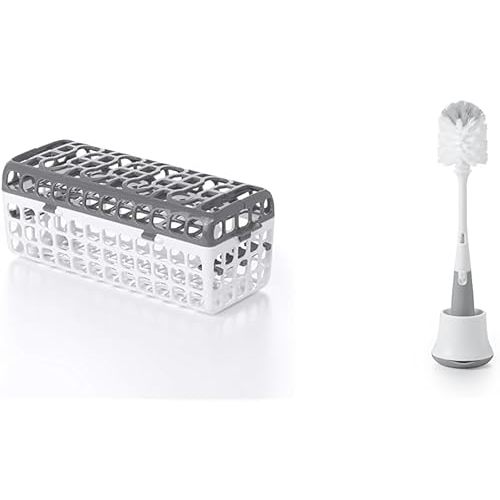 OXO Tot Dishwasher Basket, Gray & Tot Bottle Brush with Nipple Cleaner and Stand - Gray