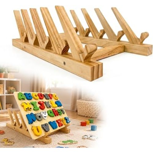 Wooden Puzzle Storage Rack for Kids with 60° Backward Tilt to Stop Pieces from Slipping | 5-Slot Solid Wood Puzzle Board Organizer for Toddler Peg Puzzles | Space-Saving Holder for Playrooms, Preschools & Daycare Centers