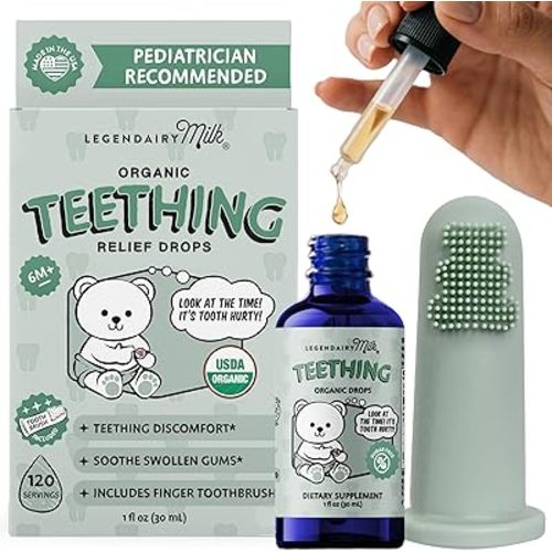 Legendairy Milk Organic Baby Teething Relief Drops with Silicone Toothbrush, Gum Relief for Babies & Toddlers 6 M+, Soothing Chamomile Clove Blend, Teething Gel Alternative, Sugar Free, 120 Servings