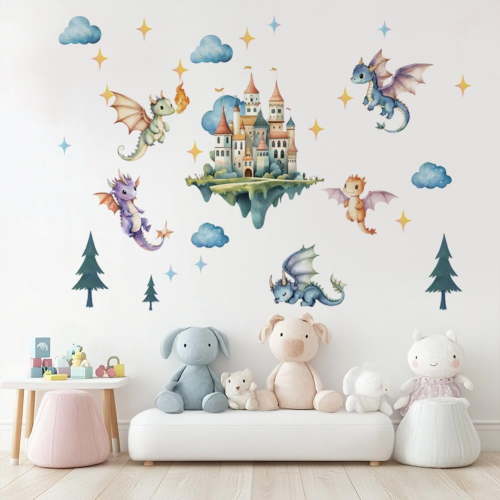 Flying Dragon Wall Stickers Cartoon Castle Wall Decor Nursery Stickers Dragon DIY Vinyl Murals Peel and Stick Wallpaper Art Decals for Kids Room Playroom Livingroom Baby Room Decor