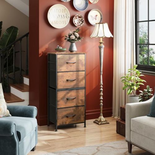 DEXYLLO 4-Drawer Fabric Dresser , Sturdy Steel Frame, Wood Top, Easy Pull Handle, Rustic Brown Wood Grain Print