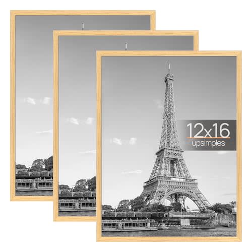upsimples 12x16 Picture Frame Natural 3 Pack, Scratch-Proof Poster Frames 12 x 16 for Photo Gallery - Slide-In Strips, Horizontal or Vertical Wall Mounting