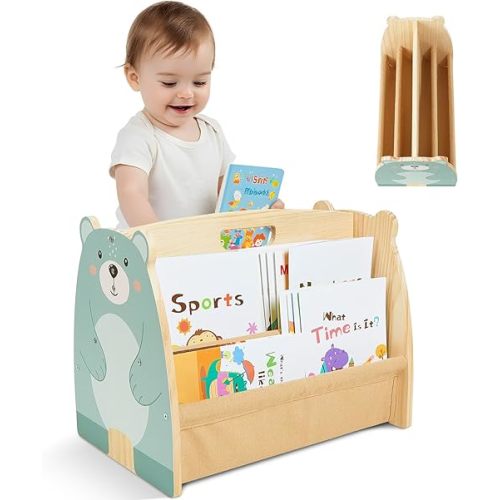Toddler Bookshelf Double-Sided with 4 Tier Deep Sleeves Kids Wooden Montessori Book Rack for Baby Nursery Room, Playroom, Classroom or Bedroom Bookcase Storage Organizer, Green Bear