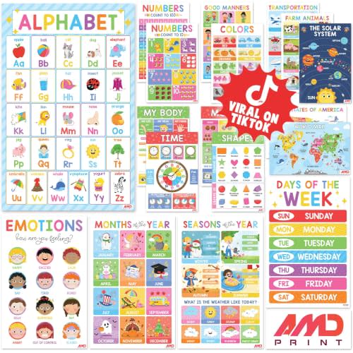 BEAWART 18 Laminated Educational Posters For Toddlers, Preschool Posters for Classroom, Kindergarten Wall Decor, PreK Learning Materials Alphabet Number Chart