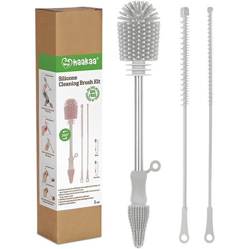 haakaa Silicone Cleaning Brush Kit - SUVA Grey - Bottle Brush for Breast Pumps, Breast Milk Collector, Baby Bottles, Nipples, Breastmilk Storage Bags - Suva Grey