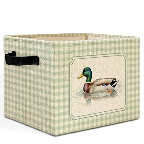 HSIASHENG Mallard Duck Checkered Nursery Storage Bins Box with Handles, Beige White Plaid Flying Mallard Laundry Basket Hamper Collapsible Clothes Toys Organizer for Boys Kids Room Bathroom