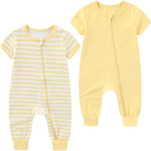2 Pack Unisex Baby Rompers 2 Way Zipper Short Sleeve Onesies | 95% Cotton 5% Spandex,0-24Months Baby Pajamas,Infant Boy Girl Bodysuits,Daily Wear & Sleeping,Stripe & Solid Color Jumpsuit