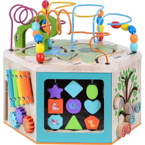 Teamson Kids Preschool Play Lab 7-in-1 Large Wooden Activity Cube Station Center Bead Maze and Counting for Kids Baby Toys, Natural