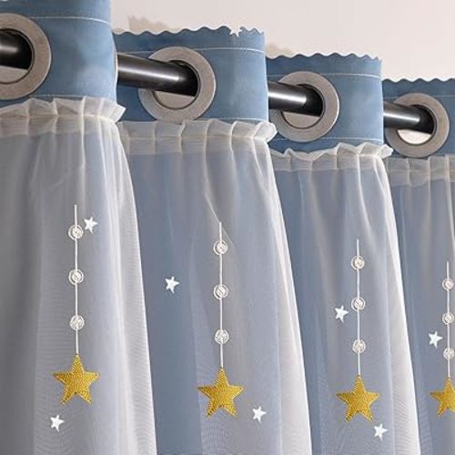 Blue Shooting Star Pattern Living Room Bedroom Blackout Insulated Double Layer Curtains for Girls Bedroom Kids Room Decor 47" W x 84" L (Pack of 2)