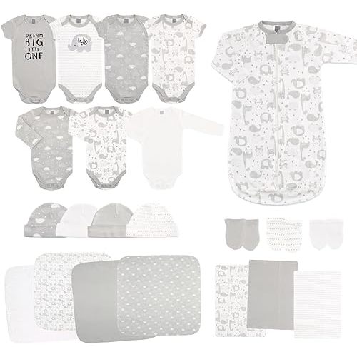 The Peanutshell Baby Layette Gift Set for Baby Boys or Girls - 23 Piece New Born Unisex Gift Set, Clothes & Newborn Essentials Must Haves - Clothes 0-3 Months - Soft Grey