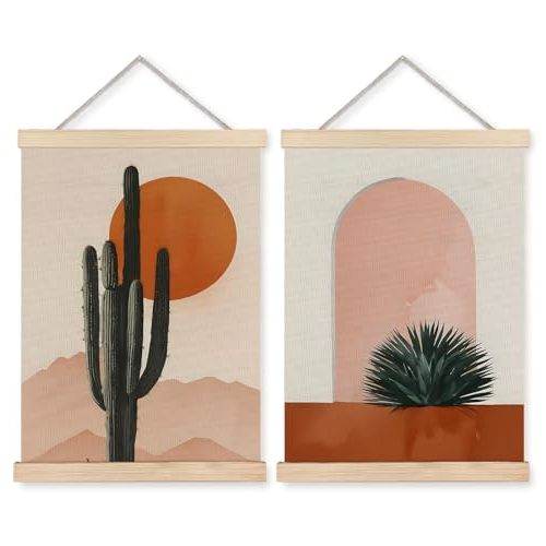 Yomisex Boho Western Cactus Desert Sun Wall Art Poster, Western Boho Home Decor, Mid Century Southwestern Nature Landscape Wall Art Framed for Home Bedroom Living Room Decor, 12x16 Inch Set of 2