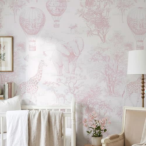 RollsRolla Safari Animal Peel and Stick Wallpaper, Elephant and Giraffe Theme, Fabric, Removable, 16.5 x 120 Inches (Pink)